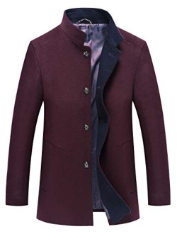 Men's Essential Banded Collar 3 Button Slim Formal Midweight Wool Splited Pea Coat