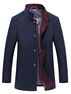 Men's Essential Banded Collar 3 Button Slim Formal Midweight Wool Splited Pea Coat