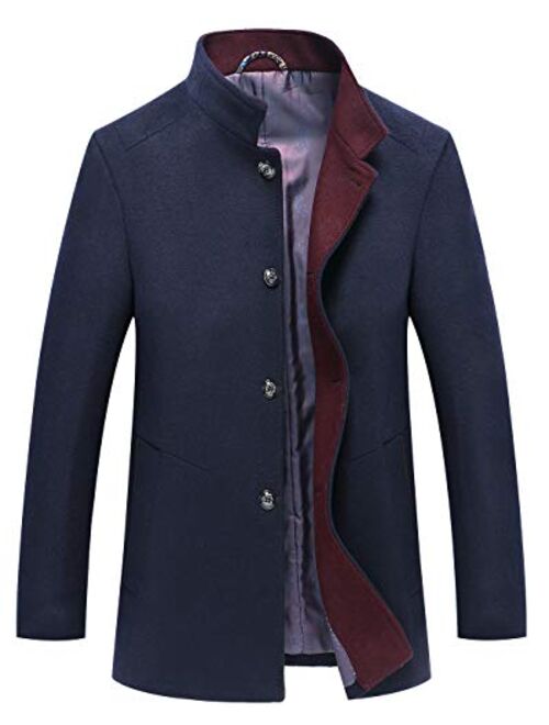 chouyatou Men's Essential Banded Collar 3 Button Slim Formal Midweight Wool Splited Pea Coat