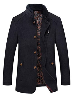 Men's Formal Single Breasted Slim Fit Wool Blend Pea Coat with Detachable Knitted Collar