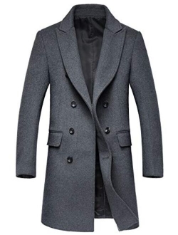 Men's Fashion Notched Collar Double Breasted Slim Wool Blend Mid Walker Coat