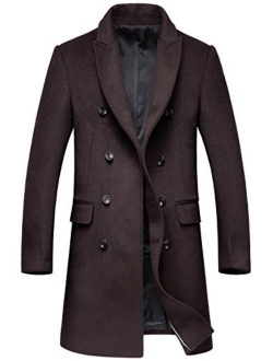 Men's Fashion Notched Collar Double Breasted Slim Wool Blend Mid Walker Coat