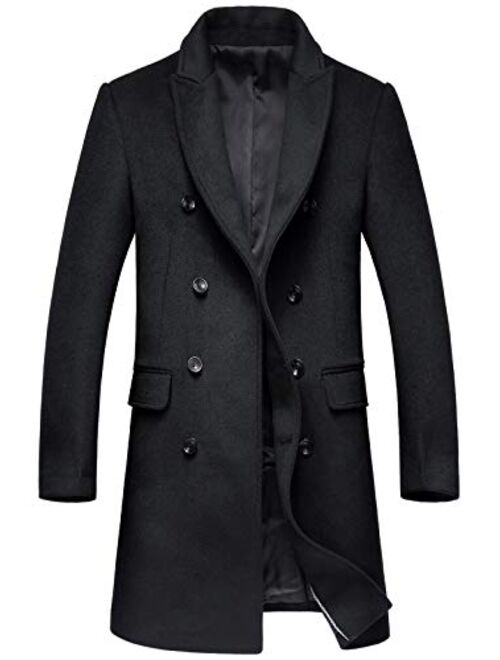 chouyatou Men's Fashion Notched Collar Double Breasted Slim Wool Blend Mid Walker Coat