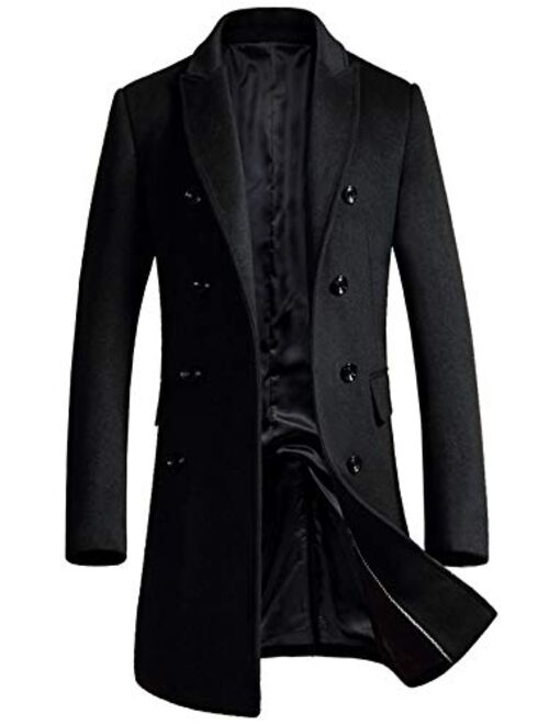 chouyatou Men's Fashion Notched Collar Double Breasted Slim Wool Blend Mid Walker Coat