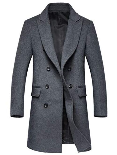 chouyatou Men's Fashion Notched Collar Double Breasted Slim Wool Blend Mid Walker Coat