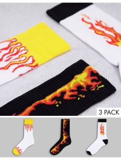 3 pack sports crew sock with flame design