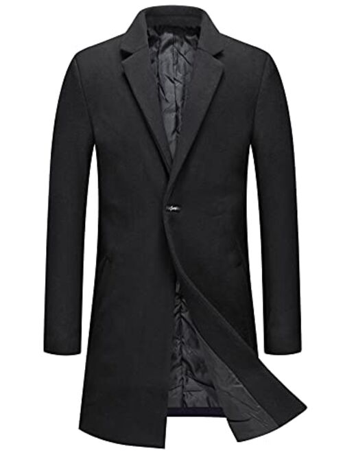 chouyatou Men's Winter Notched Collar 1 Button Slimming Thick Quilted Lining Wool Mid-Length Trench Overcoat