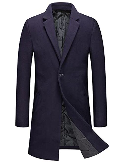 chouyatou Men's Winter Notched Collar 1 Button Slimming Thick Quilted Lining Wool Mid-Length Trench Overcoat