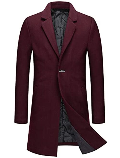 chouyatou Men's Winter Notched Collar 1 Button Slimming Thick Quilted Lining Wool Mid-Length Trench Overcoat