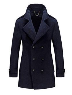 Men's Thick Windproof Casual Work Wear Double Breasted Wool Pea Coat