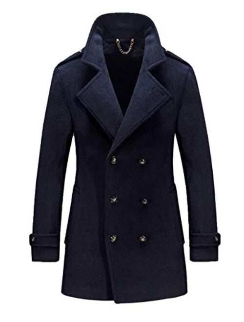 chouyatou Men's Thick Windproof Casual Work Wear Double Breasted Wool Pea Coat