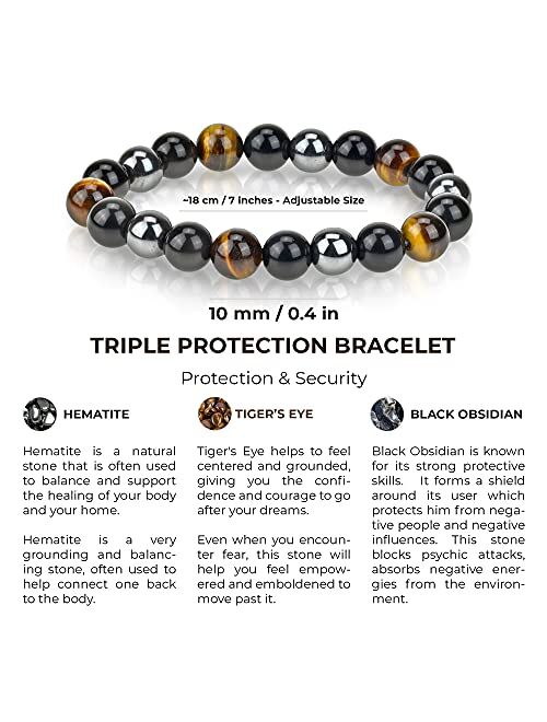 Crystal Agate ( Best Deals 2021) Triple Protection Bracelet - For Protection - Bring Luck And Prosperity - Hematite - Black Obsidian - Tiger Eye - Stone Bracelets