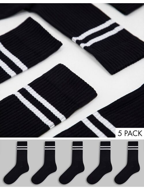 Asos Design 5 pack sport socks in black with white stripe save