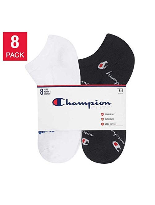 Champion Ladies' No Show Sock, Arch Support,Moisture Wicking,Cushioned Sole, 8 Pair