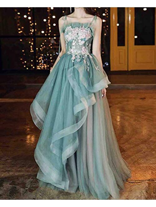 Gricharim Women's Spaghetti Strap Applique Prom Dresses Long Tulle Ruched Evening Formal Gowns