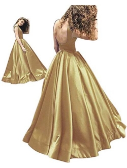 Women's Long Satin Prom Dresses A Line Backless Evening Gowns with Pockets