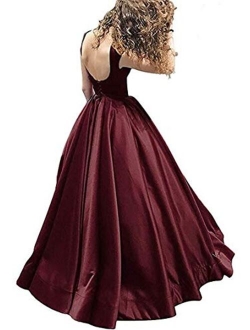 Women's Long Satin Prom Dresses A Line Backless Evening Gowns with Pockets