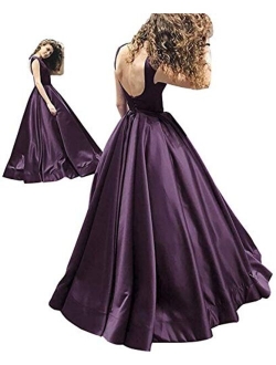 Women's Long Satin Prom Dresses A Line Backless Evening Gowns with Pockets