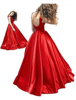 Women's Long Satin Prom Dresses A Line Backless Evening Gowns with Pockets