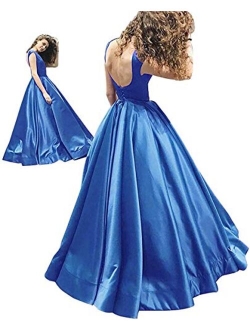 Women's Long Satin Prom Dresses A Line Backless Evening Gowns with Pockets