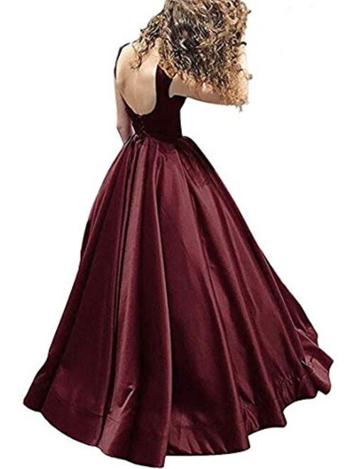 Gricharim Women's Long Satin Prom Dresses A Line Backless Evening Gowns with Pockets