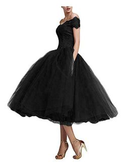 Women's Lace Tulle Tea Length Prom Dresses Off Shoulder Prom Cocktail Party Gowns
