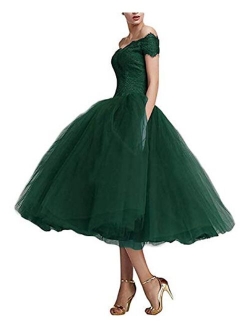 Women's Lace Tulle Tea Length Prom Dresses Off Shoulder Prom Cocktail Party Gowns