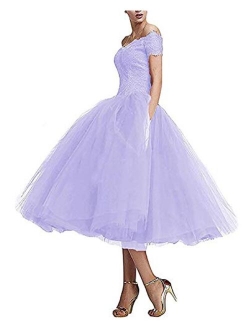 Women's Lace Tulle Tea Length Prom Dresses Off Shoulder Prom Cocktail Party Gowns