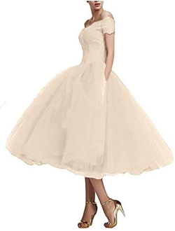 Women's Lace Tulle Tea Length Prom Dresses Off Shoulder Prom Cocktail Party Gowns