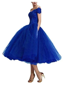 Women's Lace Tulle Tea Length Prom Dresses Off Shoulder Prom Cocktail Party Gowns