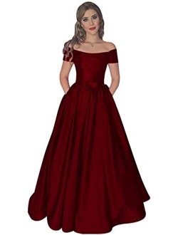 Women's Off The Shoulder Long Prom Dresses Satin Evening Formal Gowns with Pockets