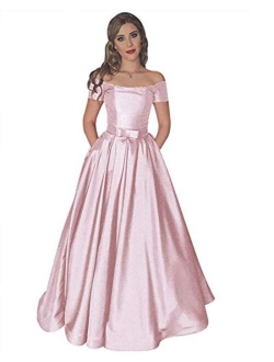 Women's Off The Shoulder Long Prom Dresses Satin Evening Formal Gowns with Pockets