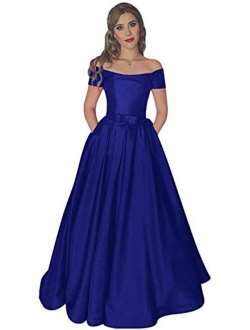 Women's Off The Shoulder Long Prom Dresses Satin Evening Formal Gowns with Pockets