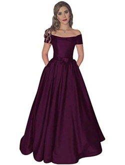 Women's Off The Shoulder Long Prom Dresses Satin Evening Formal Gowns with Pockets