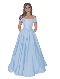Women's Off The Shoulder Long Prom Dresses Satin Evening Formal Gowns with Pockets
