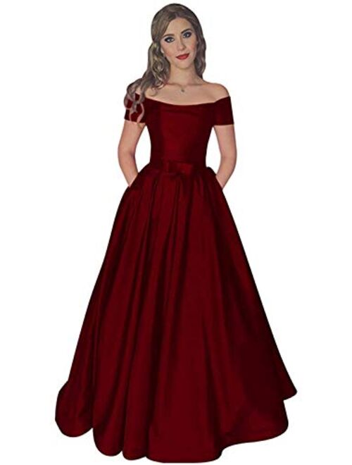 Gricharim Women's Off The Shoulder Long Prom Dresses Satin Evening Formal Gowns with Pockets