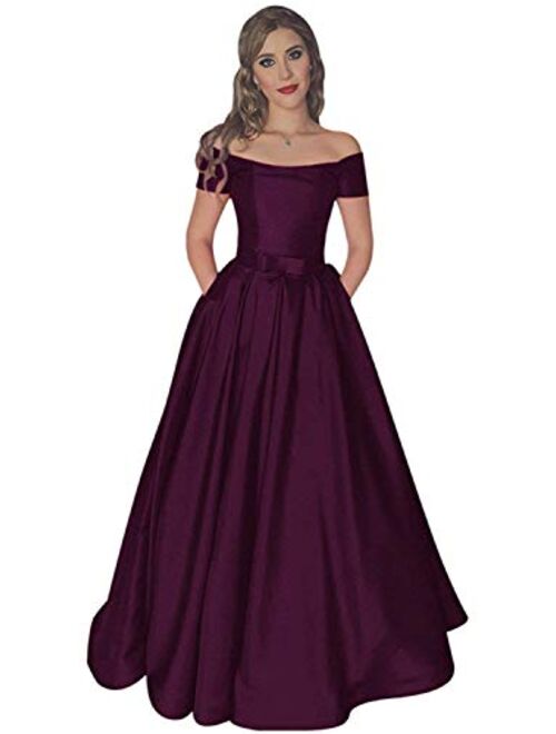 Gricharim Women's Off The Shoulder Long Prom Dresses Satin Evening Formal Gowns with Pockets