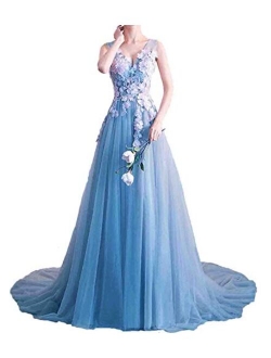 Women's V Neck Sleeveless Lace Appliques Ball Gown Tulle Princess Evening Formal Prom Dresses
