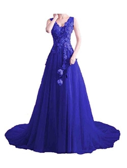 Women's V Neck Sleeveless Lace Appliques Ball Gown Tulle Princess Evening Formal Prom Dresses