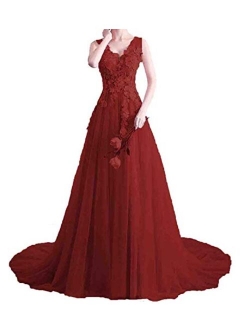 Women's V Neck Sleeveless Lace Appliques Ball Gown Tulle Princess Evening Formal Prom Dresses