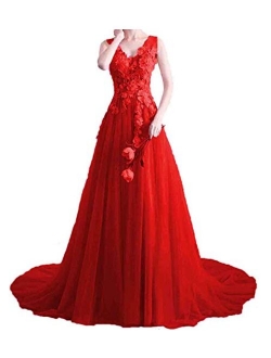 Women's V Neck Sleeveless Lace Appliques Ball Gown Tulle Princess Evening Formal Prom Dresses