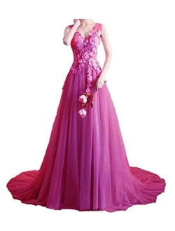 Women's V Neck Sleeveless Lace Appliques Ball Gown Tulle Princess Evening Formal Prom Dresses