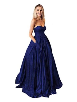 Women's Sweetheart Glitter Shiny Long Prom Dresses Ball Gown Formal Dress with Pockets