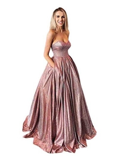 Women's Sweetheart Glitter Shiny Long Prom Dresses Ball Gown Formal Dress with Pockets