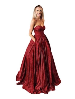 Women's Sweetheart Glitter Shiny Long Prom Dresses Ball Gown Formal Dress with Pockets