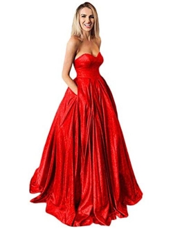 Women's Sweetheart Glitter Shiny Long Prom Dresses Ball Gown Formal Dress with Pockets