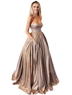 Women's Sweetheart Glitter Shiny Long Prom Dresses Ball Gown Formal Dress with Pockets