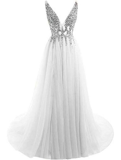 Women' Beaded V Neck Tulle Prom Dress Long Slit Evening Gowns