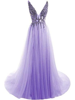 Women' Beaded V Neck Tulle Prom Dress Long Slit Evening Gowns