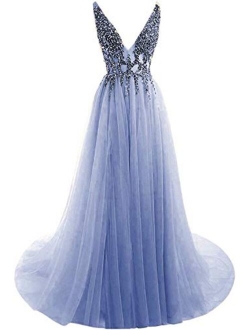 Women' Beaded V Neck Tulle Prom Dress Long Slit Evening Gowns